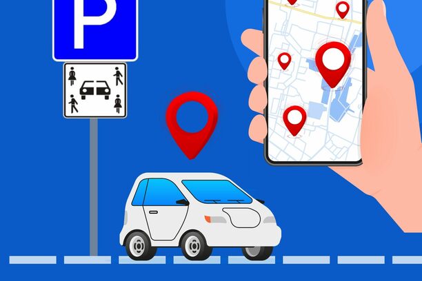 Auf blauem Hintergrund ist die weiße Grafik von einem Auto und einer Hand, die über ein Smartphone das Auto bucht