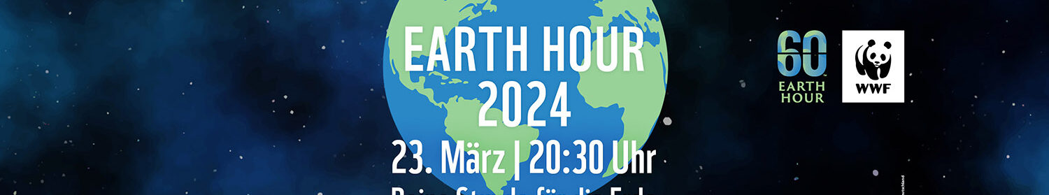 Auf der Grafik ist die Erde dargestellt mit weißer Schrift: "23. März, 20:30 Uhr"